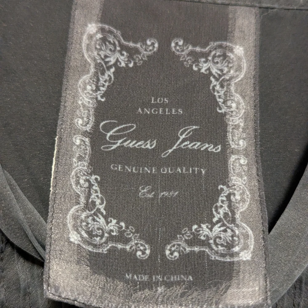 2/$50 Guess Jeans Silk Blouse Black Pintuck Lace Trim Puff Sleeve Top Size S - Picture 4 of 5